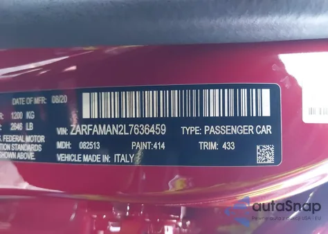 2020 Alfa Romeo Giulia z USA, uszkodzony, nr VIN ZARFAMAN2L7636459